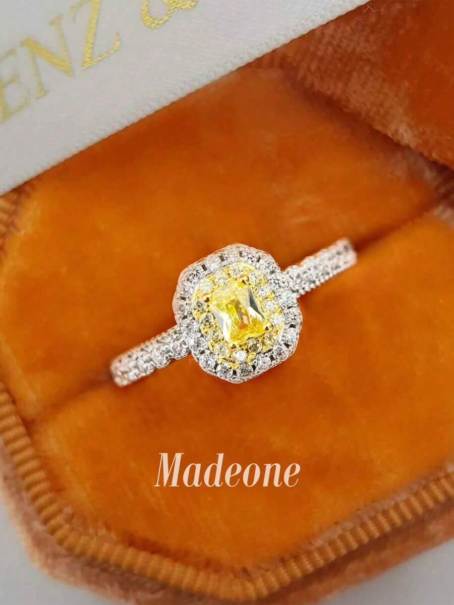 MADEONE 1pc Yellow Diamond High Sparkle Ring, Zirconia Inlaid, Luxury Women's Jewelry, Wedding Engagement Ring Gift