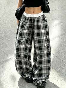 Women's High Waist Plaid Wide Leg Pants, Elastic Drawstring Loose Casual Long Pants - Black - View 1