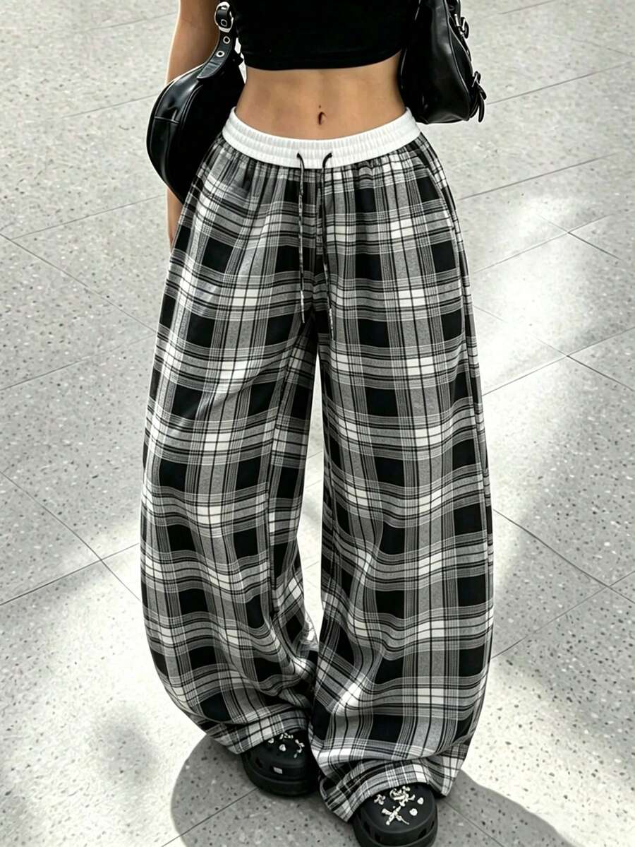 Women's High Waist Plaid Wide Leg Pants, Elastic Drawstring Loose Casual Long Pants - Black - View 1