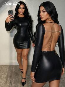 NEW IDEA Women's Sexy Black Autumn/Winter Faux Leather Short Fitted Dress, Long Sleeve Backless With Gold Chain Detail, Suitable For Nightclub, Nightlife And Party - Black - View 3