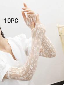 1雙/2雙女款時尚設計蕾絲露指長手套，適合秋冬戶外裝飾 - 米色 - 查看 8