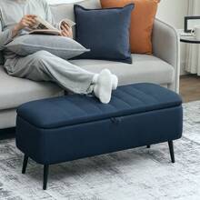 Linen-Look 92 X 31cm Storage Ottoman - Dark Brown On-Site - Blue + Polyester - View 2
