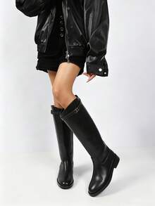 Women's Knee High Riding Boots, Classic Buckle Strap Round Toe Low Heel Side Zip Tall Boots, Casual Fall Winter Shoes - Black - View 3