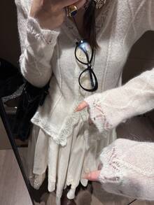 Women's White Hollow Mohair Cover Up, Old Money Style, Lazy Autumn/Winter High-End Fitted Sweater Jacket - White - View 2