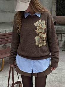 Women's Loose-Fit Sweatshirt With Floral Embroidery-Perfect For Autumn, Winter, And The Back-To-School Season. - Brown - View 1