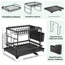 Escorredor de Cozinha de Camada Dupla, Escorredor de Louças e Pratos, Porta Pratos e Copo para Bancada - Preto - Visão 4