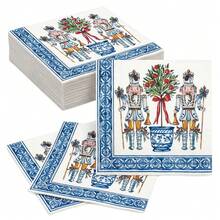 20/40/60Pcs,Nutcracker Soldier Disposable Paper Dinner Napkins,2-Ply Blue White Porcelain Border Topiary Tree Red Bow Print Dessert Tissues,Party Tableware Supply For Winter Holiday Party,Nutcracker Ballet Event,Winter Family Photoshoot,6.5*6.5 Inch - Multicolor - View 1