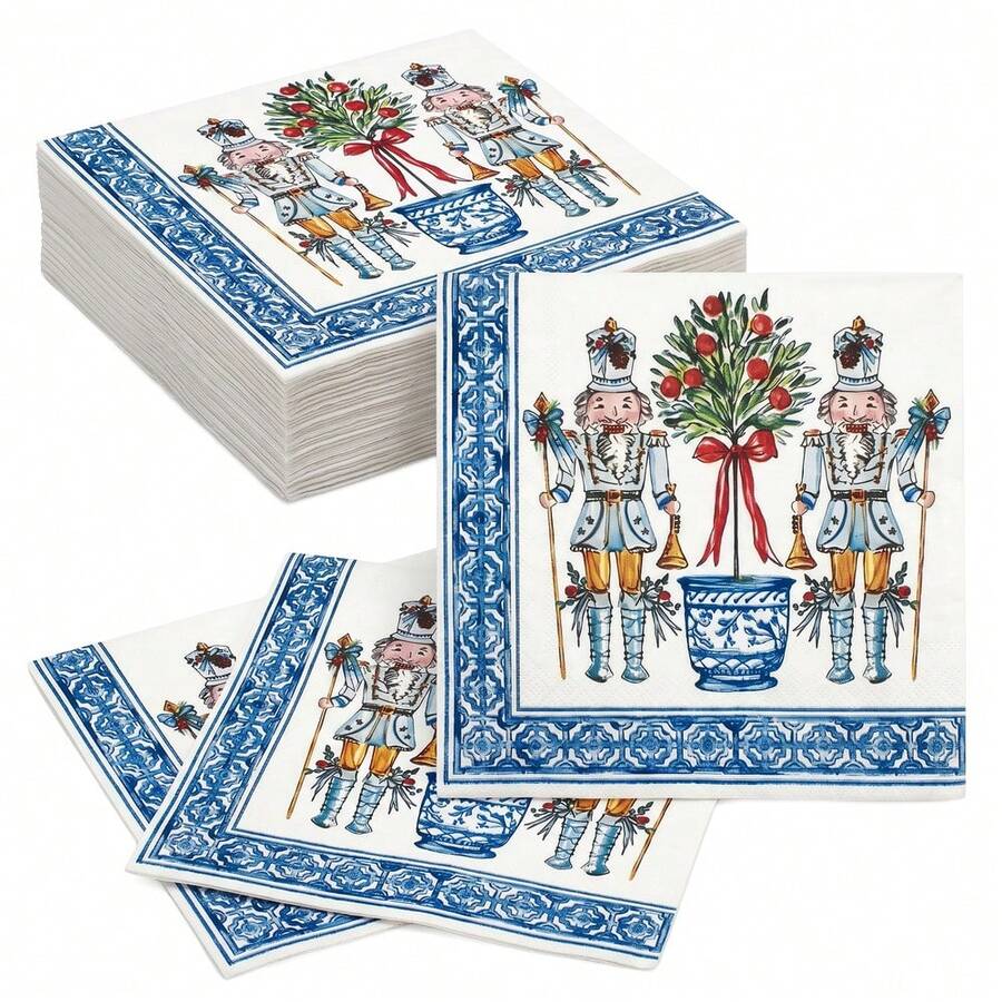 20/40/60Pcs,Nutcracker Soldier Disposable Paper Dinner Napkins,2-Ply Blue White Porcelain Border Topiary Tree Red Bow Print Dessert Tissues,Party Tableware Supply For Winter Holiday Party,Nutcracker Ballet Event,Winter Family Photoshoot,6.5*6.5 Inch - Multicolor - View 1
