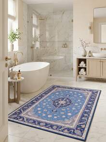1PC Light Blue Navy Pink Floral Medallion Pattern Traditional Persian Carpet, French Vintage Elegant Style Faux Cashmere Rectangular Area Rug With Multi-Layered Serrated Center Medallion And All-Over Scattered Floral Details, Machine Washable, Suitable For Living Room Bedroom, All-Season Home Decor - Multicolor - View 4