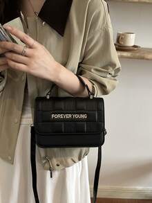 1pc Mini Letter Embossed Grid PU Portable Flap Fashion Women's Handbag Suitable For Autumn/Winter Daily Shopping - Black - View 4
