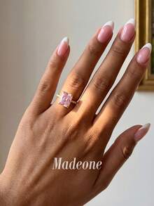 MADEONE 1件亮粉色鋯石長方形花卉戒指，女款訂婚婚禮派對日常配戴週年紀念珠寶禮物 - 冰花切 黃金粉鋯 - 查看 3