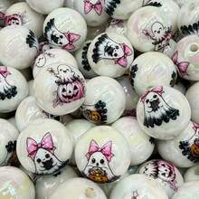 10pcs 16mm Rainbow White Ghost Print Acrylic Round Beads, Random Mixed Color Pink Bow Halloween Perforated Beads, Suitable For Pens, Bracelets, Jewelry Crafts - Random Color Mixing - View 6