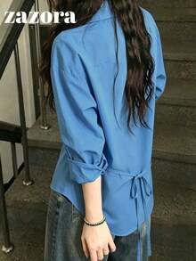 Women's Single-Breasted Korean Style Blue Long Sleeve Shirt - Blue - View 3