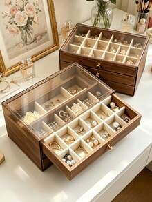 1pc Luxury Black Walnut Wood Jewelry Box, 3-Layer Wooden Jewelry Storage Box, Drawer-Style Jewelry Box, Transparent Acrylic Jewelry Storage Box, Classic Style - Multicolor - View 5