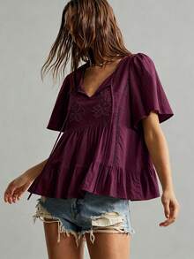 Rusttydustty Plus Size Bohemian Style Red Violet Lace Embroidered V-Neck Loose Ruffle Sleeve Women's Vacation Top Summer - Red Violet - View 4