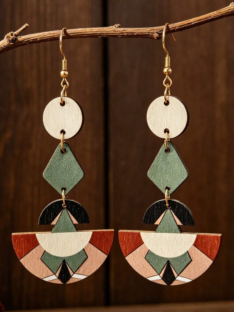 1 Pair Bohemian Multi-Layer Patchwork Geometric Wooden Earrings, Color-Block Fan-Shaped Wooden Slices Vintage Ear Jewelry - Multicolor - View 1