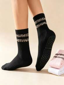 Women Leopard Print Striped Silicone Dot Non-Slip Soft Knit Mid-Calf Yoga Pilates Fitness Daily Socks - Multicolor - View 4