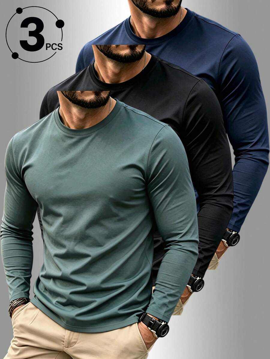Men's 3-Pack Solid Color Long Sleeve Shirts, Classic Crew Neck Soft Stretch T-Shirts, Everyday Wear Tops