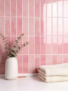 Self-Adhesive Anti-Splash Wall Tiles, Pink Gradient Long Subway Tiles, 2D Flat Self-Adhesive Wall Stickers, Glossy Waterproof Oil-Resistant Removable Mosaic Tile Stickers, Kitchen, Bathroom, RV, Laundry Room Wall Decor - Pink Large Size - View 2