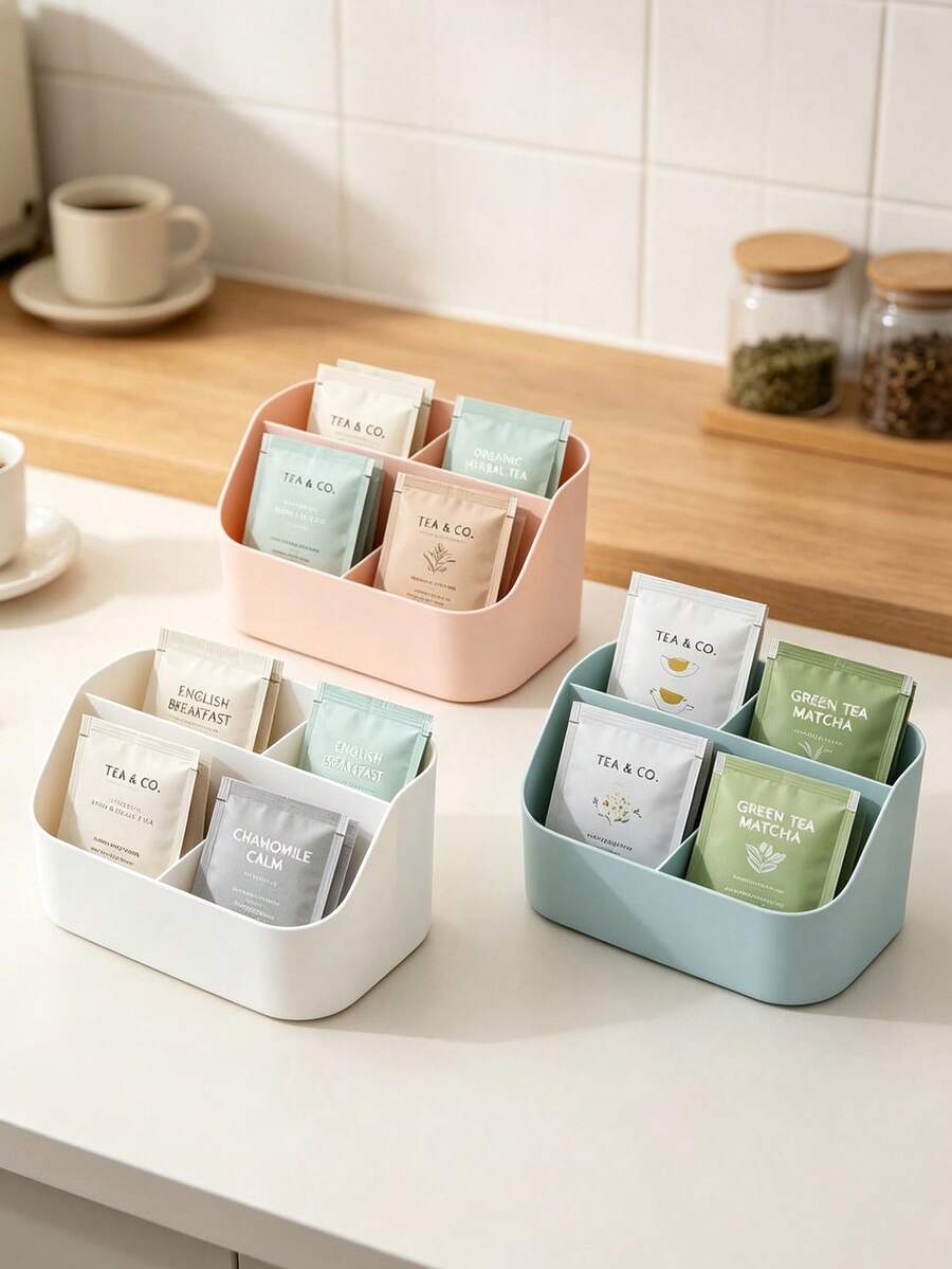 Multi-Function Desktop Storage Box With Adjustable Bamboo Dividers; Made Of High-Quality ABS Plastic, Flexible Compartment Layout Suitable For Storing Office Supplies, Tea Bags, Cosmetics, Remote Controls And More; Ideal For School Stationery, Home Office, Kitchen, Bathroom, Vanity And Skincare Tools Storage - Multi-color - View 1