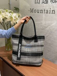 Striped Woven Tote Bag, Letter Printed Webbing Decor Large Capacity Shoulder Handbag, Wide Shoulder Strap Casual Bag For Women Daily Work School - Multicolor - View 6