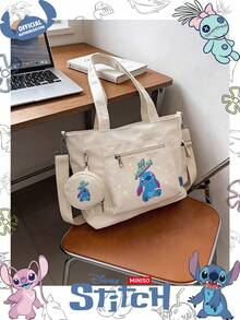 Miniso Disney Stitch 與 Malia 文字與星星卡通印花托特包 2 件組附零錢包，適合工作、旅行、購物與日常使用 - 白色 - 查看 3