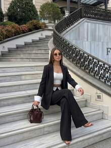 Setelan Blazer Garis-Garis dan Celana Panjang Lebar Wanita, Kerah Reguler, Lengan Panjang, Kain Tidak Melar, Cocok untuk Pakaian Musim Gugur - Hitam - View 3