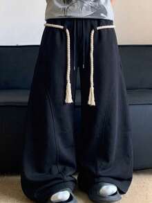 High Street Thick Rope Drawstring Wide Leg Sweatpants For Men, Loose Drape Grey Sports Pants, Casual Long Pants With Belt Loops, Essential For Home Leisure And Outdoor Travel - Black - View 4