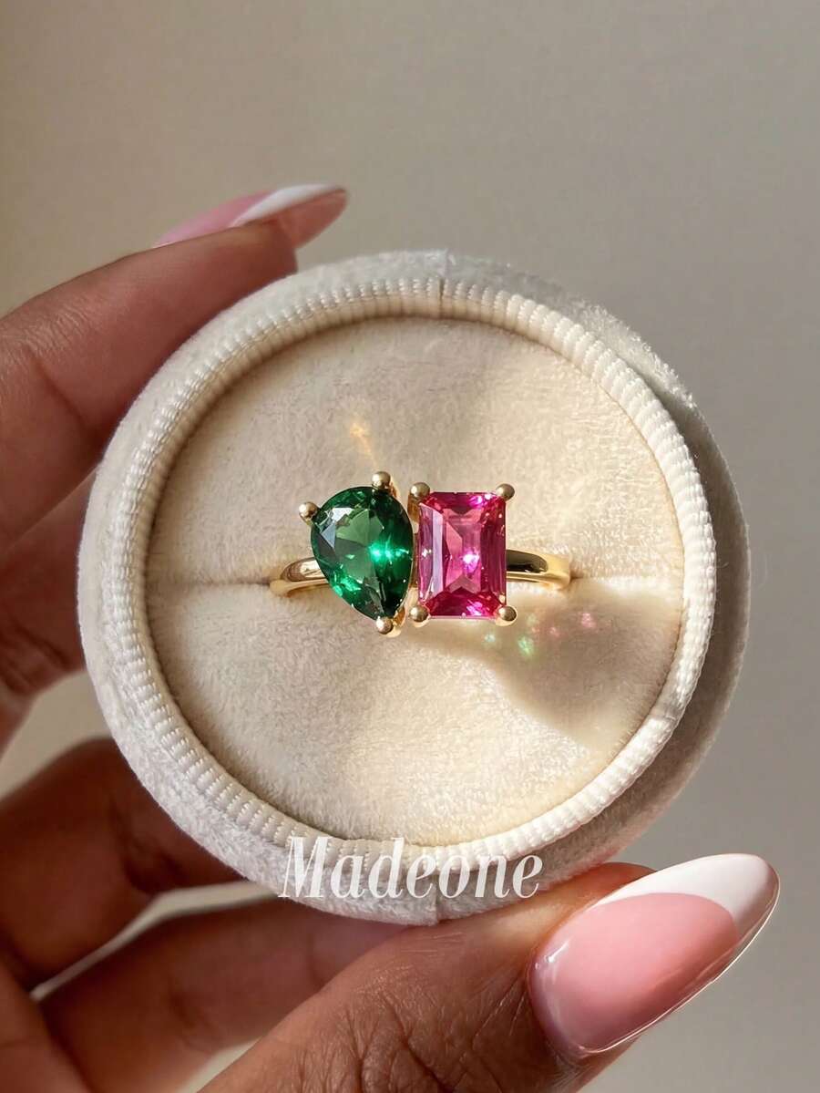 MADEONE 1pc Shiny Green Zirconia Pear-Shaped Ring, Women's Engagement Wedding Party Daily Wear Anniversary Jewelry Gift - Rose Red Green Diamond - View 1