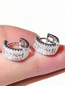 1 Pair Exquisite Cubic Zirconia Hoop Earrings Women Wedding Engagement Party Jewelry Valentine's Day Gift - Silver - View 3