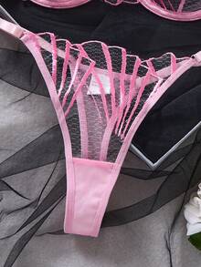1套2件組女款黑色萬聖節刺繡花卉內衣套裝，舒適優雅胸罩與內褲套裝 - 粉色 - 查看 3