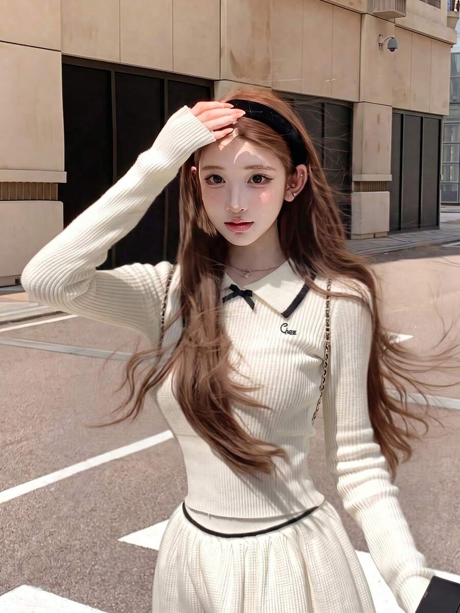 Soft Academy Style Contrast Color Bow White Knit Top & Slimming Waist-Cinching Skirt 2 Pieces Set For Women, Autumn - White - View 1