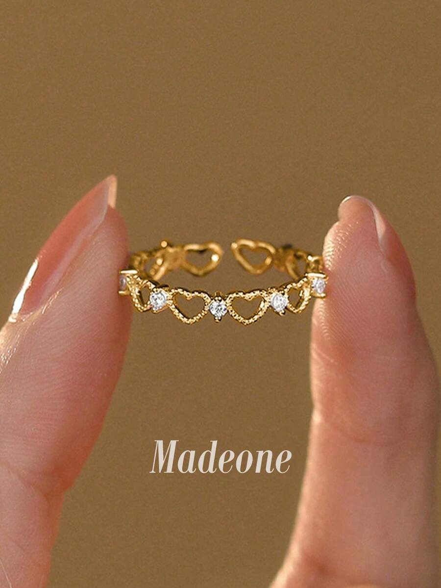 MADEONE 1pc Fashionable Personalized Hollow Heart-Shaped Copper Inlaid Open Ring, Suitable For Daily Wear