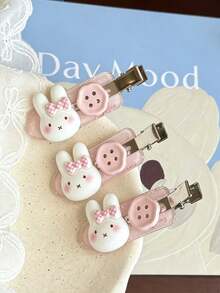 2pcs Ins Korean Style Cute Rabbit Button Seamless Hair Clips, Girly Cartoon Side Bangs Hair Accessories - Multicolor - View 3