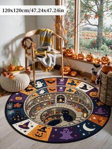 1pc Halloween Pumpkin Cat Pattern Round Rug, Halloween Carpet, Faux Cashmere Rug, Bathroom Mat, Bedroom Decor, Home Decor, Halloween Gift - Black - View 6