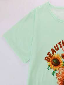 Plus Size Women's 3 Pieces Casual Loungewear Pajama Set, Animal Sunflower Highland Cow Print Design, Round Neck Short Sleeve Top With Pink & White Plaid Elastic Shorts And Long Pants, Soft Comfortable Loose Fit, Suitable For Outdoor Women's Pajamas And Loungewear, Wearable All Year Round - Mint Green - View 7