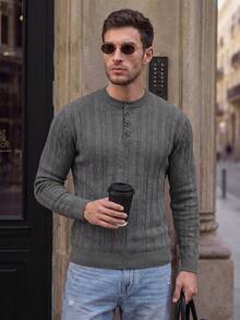 Men Old Money Heather Ribbed Knit Long Sleeve Top, Crew Neck Loose Fit Knitted Shirt, Preppy Layer Tee For Campus Daily & Holiday Vacation Outfits - Grey - View 3