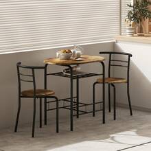 3-Piece Dining Table Set , Metal Frame Wood Top Breakfast Bar Table Set 2, Dining Table/Storage Shelf & 2 Chairs On-Site - Rustic Brown + Engineered Wood - View 5