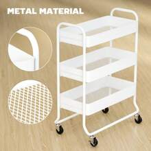 3-Tier Storage Trolley On Wheels, Rolling Utility Cart With Mesh Backets Kitchen, Bathroom, Bedroom, White On-Site - White + Metal - View 6