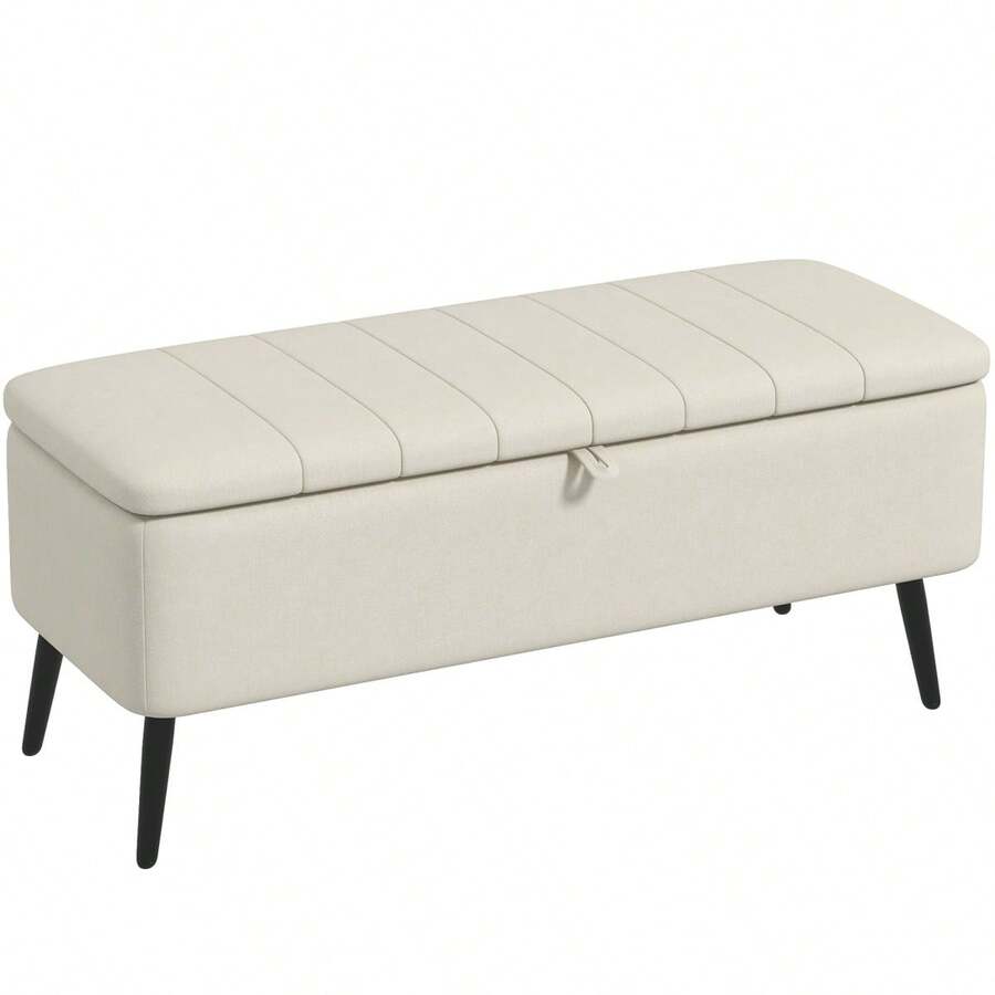 Linen-Look 92 X 31cm Storage Ottoman - Dark Brown On-Site - Cream White + Polyester - View 1