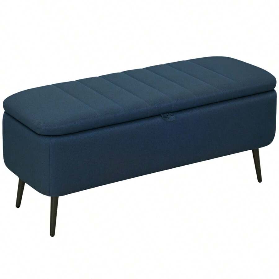 Linen-Look 92 X 31cm Storage Ottoman - White On-Site - Blue + Polyester - View 1
