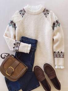 Women's Christmas Vintage Contrast Color Beige Fair Isle Crew Neck Sweater, Ribbed Knit Long Sleeve Pullover, Medium Stretch, Suitable For Autumn/Winter - White - View 6