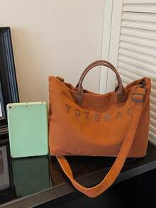 Vintage Artistic Style Casual Versatile Large Capacity Textured Letter Tote Bag, Can Accommodate Books, Documents, Tablets, Water Bottles. - Brown - View 10