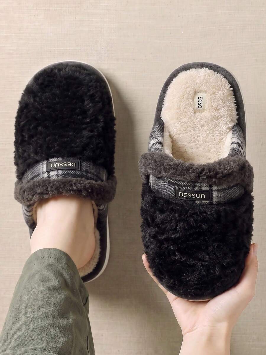 Men's Plush House Slippers, Slip-On Thermal Lined Warm Thick Sole Closed Toe Slippers For Autumn/Winter