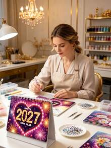 2027 Diamond Painting Set, Floral & Butterfly Pattern + New Year Fireworks Cover Desk Calendar, Mosaic Handmade, Spiral Bound Paper Material, Suitable For Home Learning & Office Supplies, Ideal For DIY Beginners - A - View 5