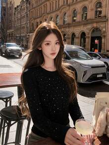 Sexy Hot Girl Fashion Rhinestone Long Sleeve Round Neck T-Shirt Women Autumn Winter Slim Fit Base Layer Top - Black - View 6