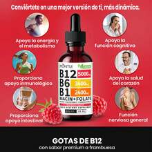 MONTUE 2PCS Sublingual LiquidVitamin B12 5000mcg. 60ml, 5-In-1 B Complex With B6, B1,Niacinamide And Folic Acid,Fast Absorption, Vegan, Energy.Brain And Heart Support - 2 frascos - Ver 5