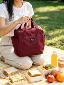 1pc Large Capacity Portable Insulated Lunch Bag, Waterproof Aluminum Foil Handbag, Polyester Material, Rectangular Design, Suitable For Travel And Commuting - Black, Back To School Season - Multicolor - View 7
