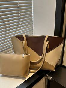 1pc Khaki Color Large Capacity Colorblock PU Patchwork Tote Bag Women's Shoulder Bag - Khaki - View 3