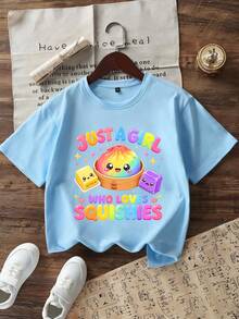 Tween Girl Casual Fun Graphic Print Crew Neck Short Sleeve T-Shirt Summer Top - Baby Blue - View 3